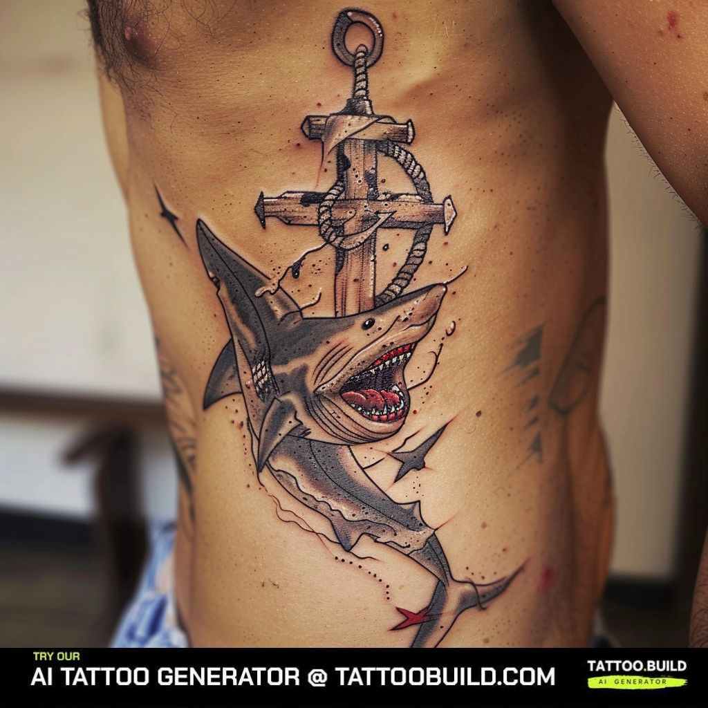 shark and anchor tattoo on the ribcage