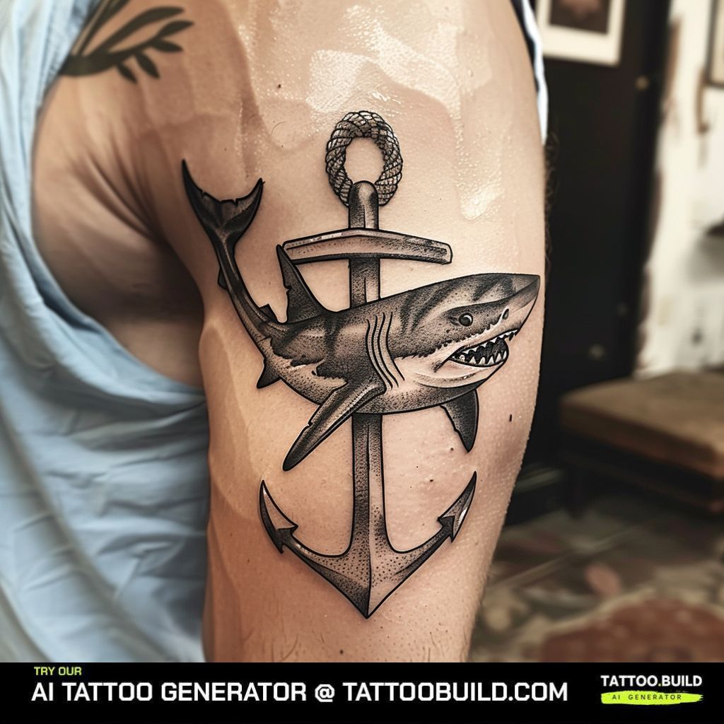 Shark and anchor tattoo on the upper arm
