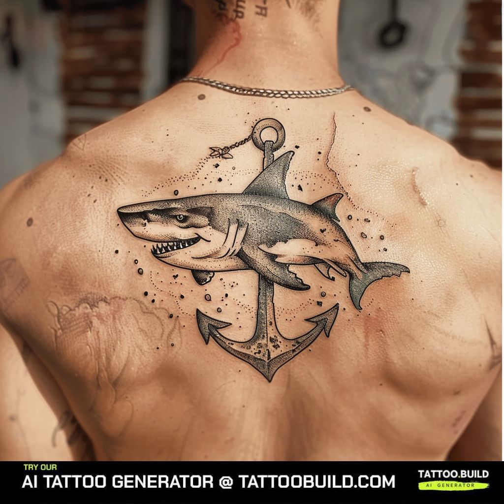 shark and anchor tattoo on the back