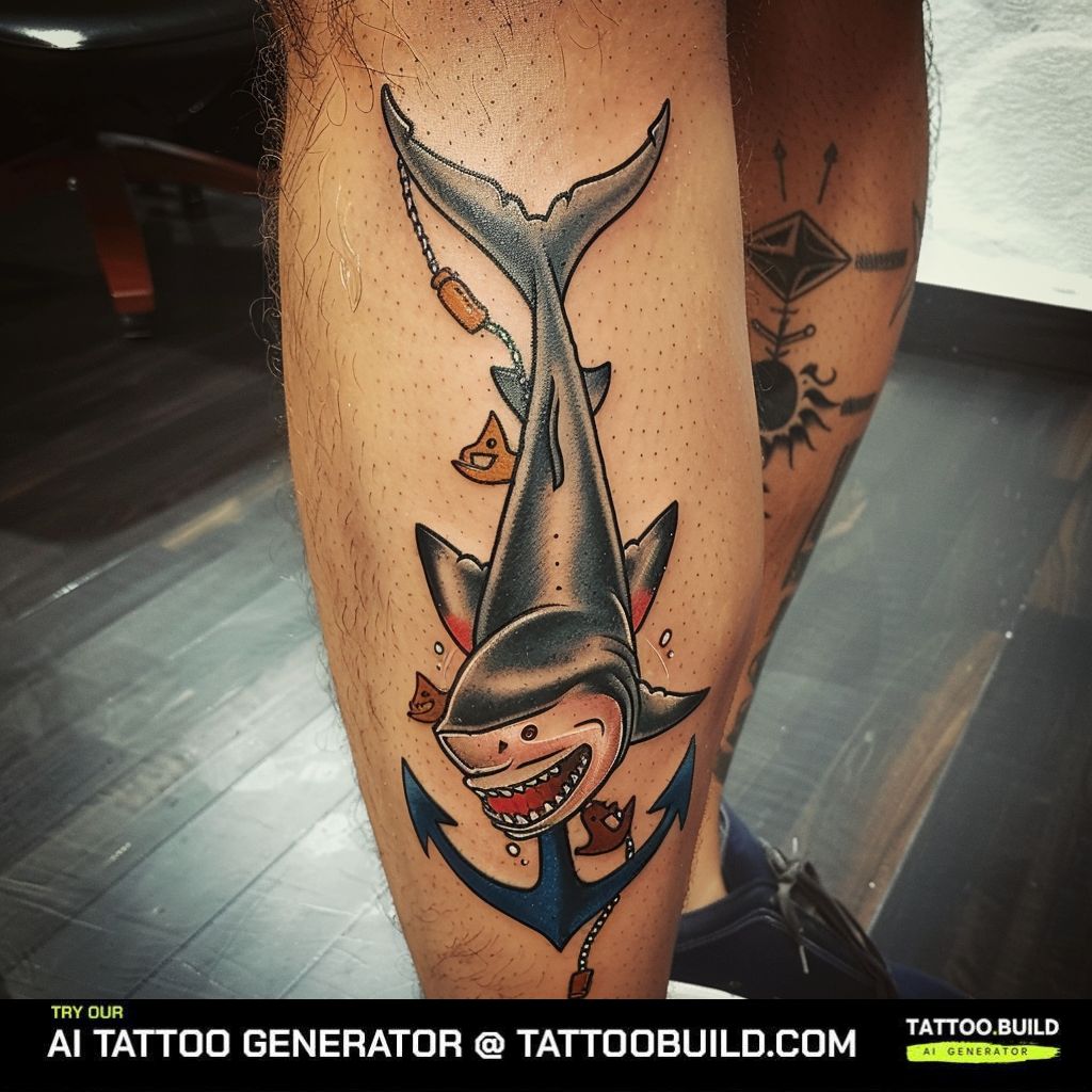 shark and anchor tattoo on the calf