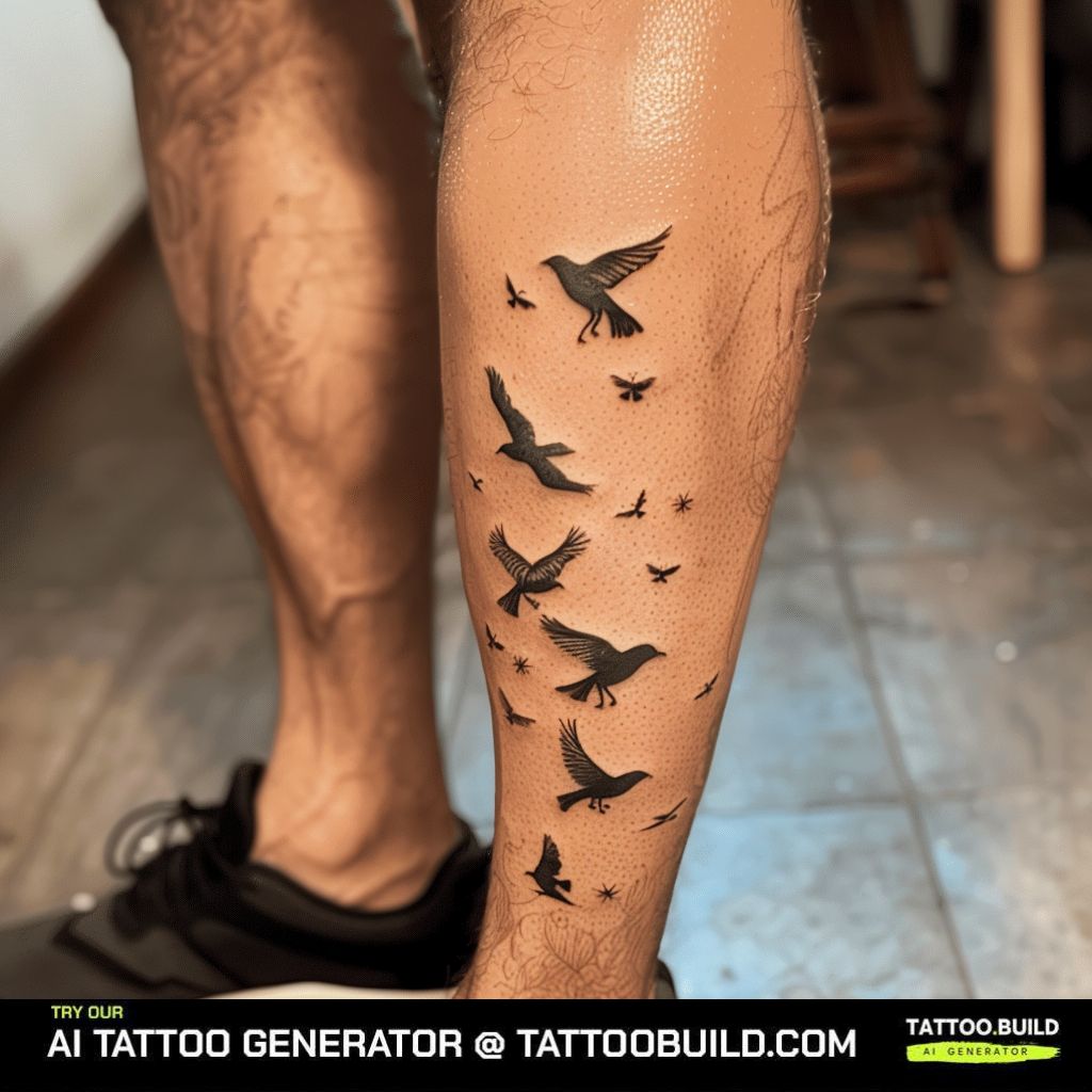 small flying birds tattoo on the leg for guys