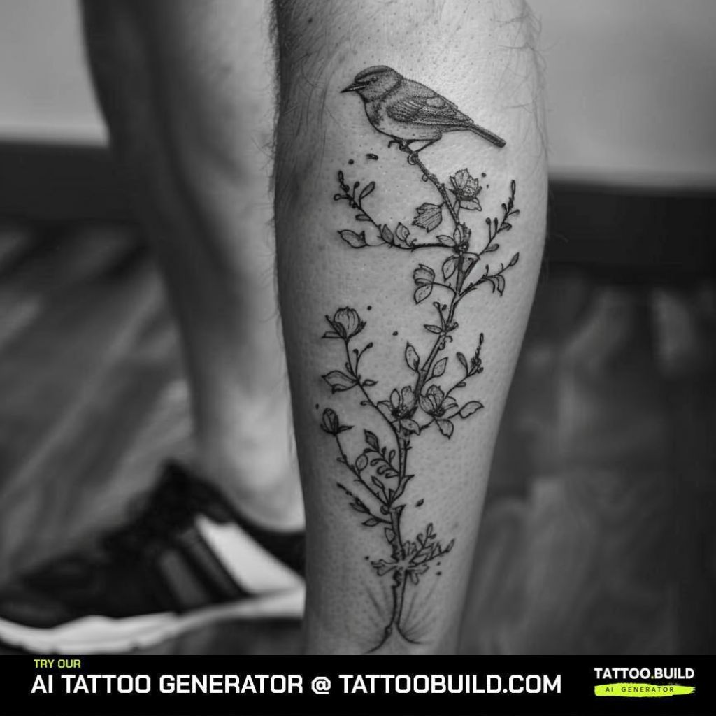 bird small leg and thigh tattoo for guys.