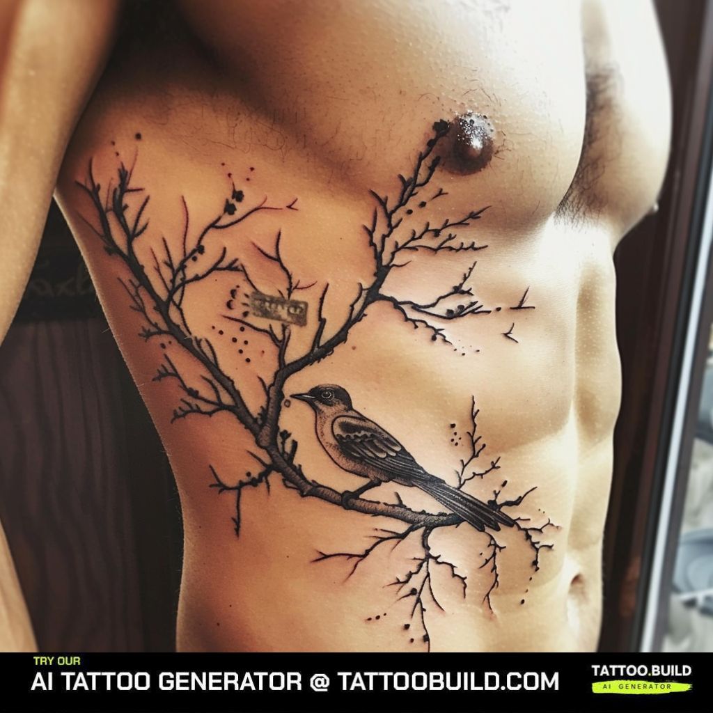 bird and tree tattoo on side body of a guy