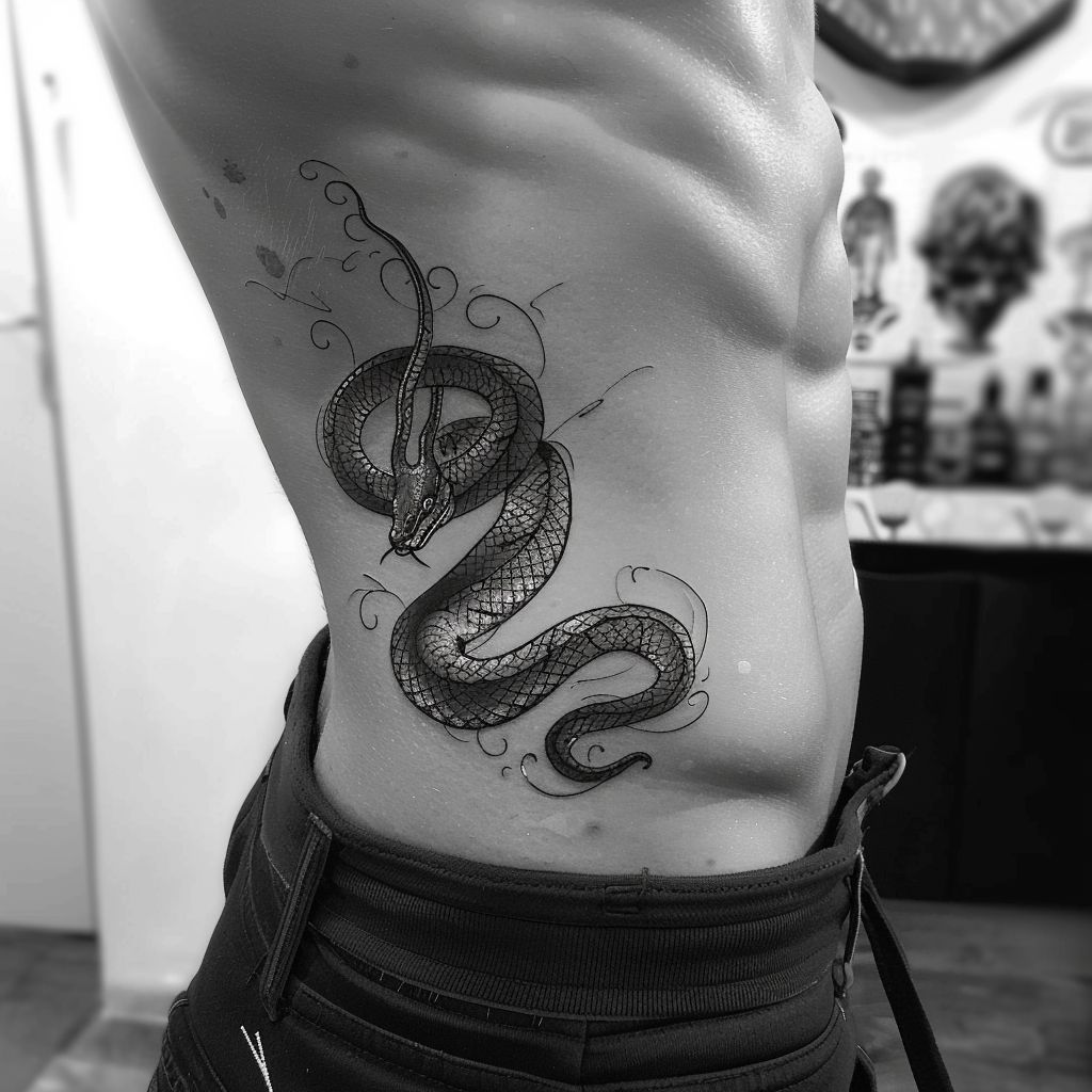 snake tattoo on the side body of a man