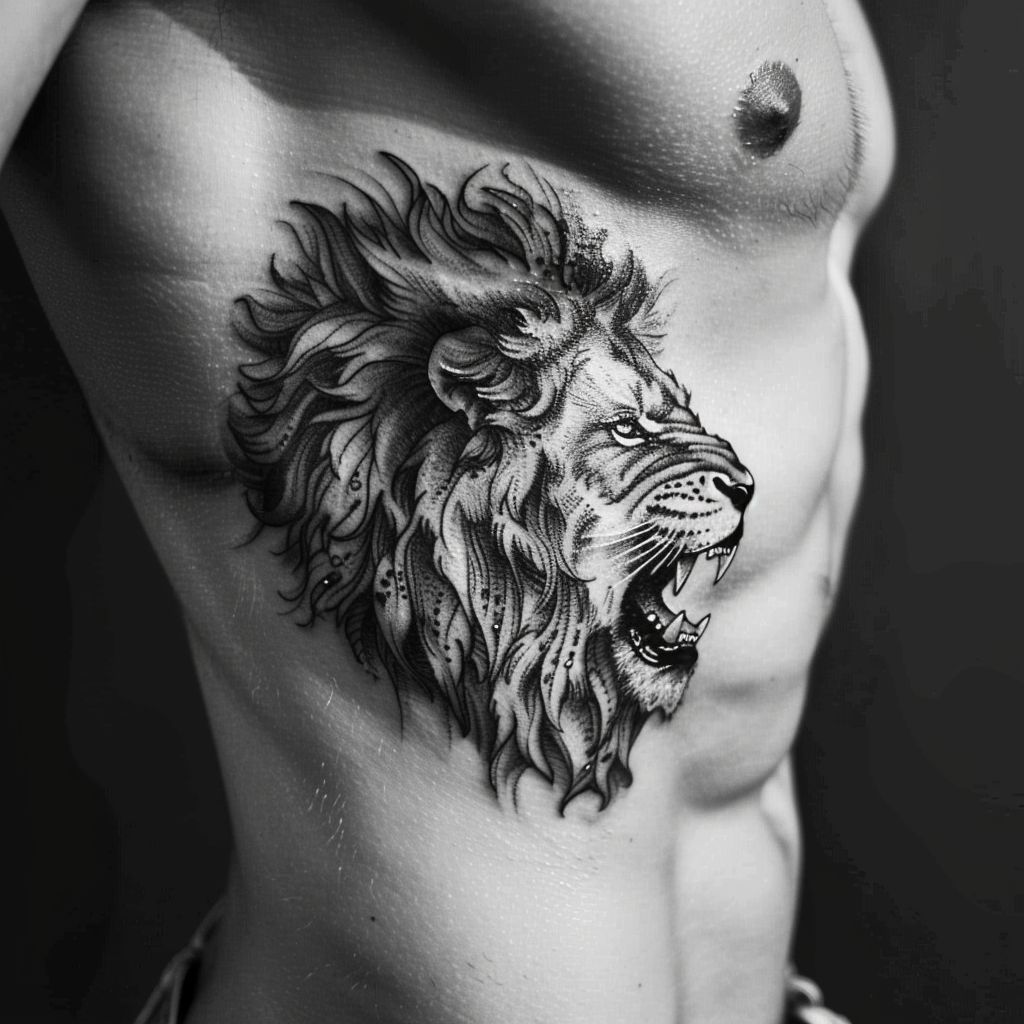 lion head male side body tattoo