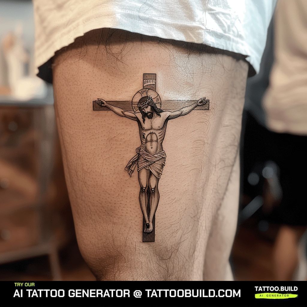 small crucifixion thigh tattoo for guy