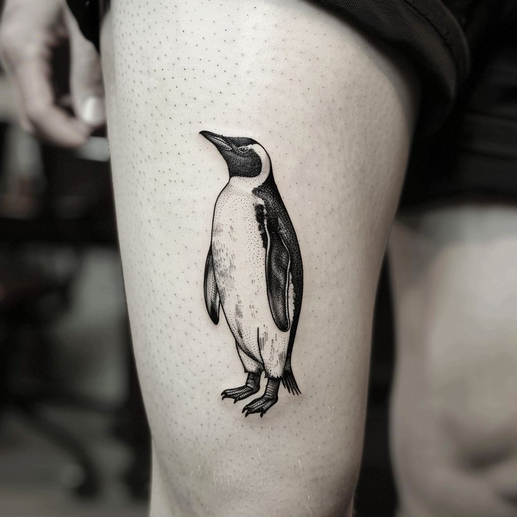 penguin small thigh tattoo for guys