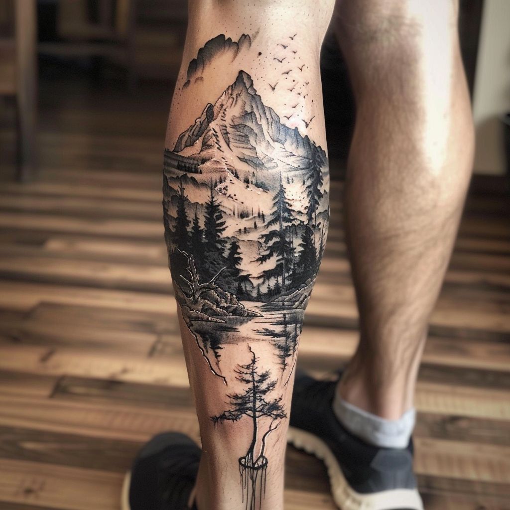nature leg tattoo on a guys