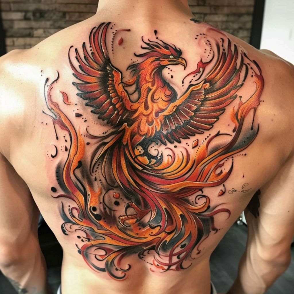 phoenix meaningful back tattoo for men 