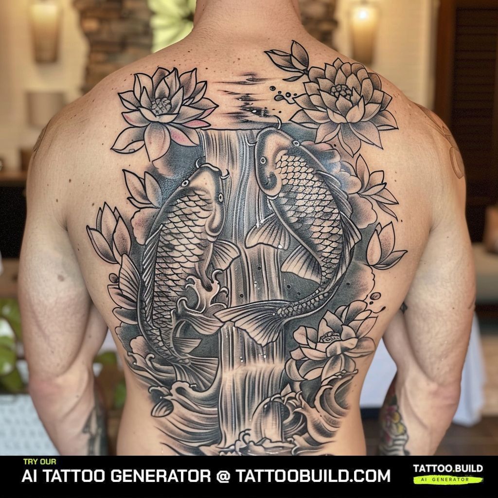koi tattoo is a symbolic back tattoo for men