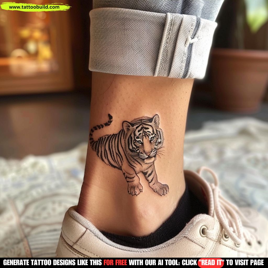 tiger cute ankle tattoo for women