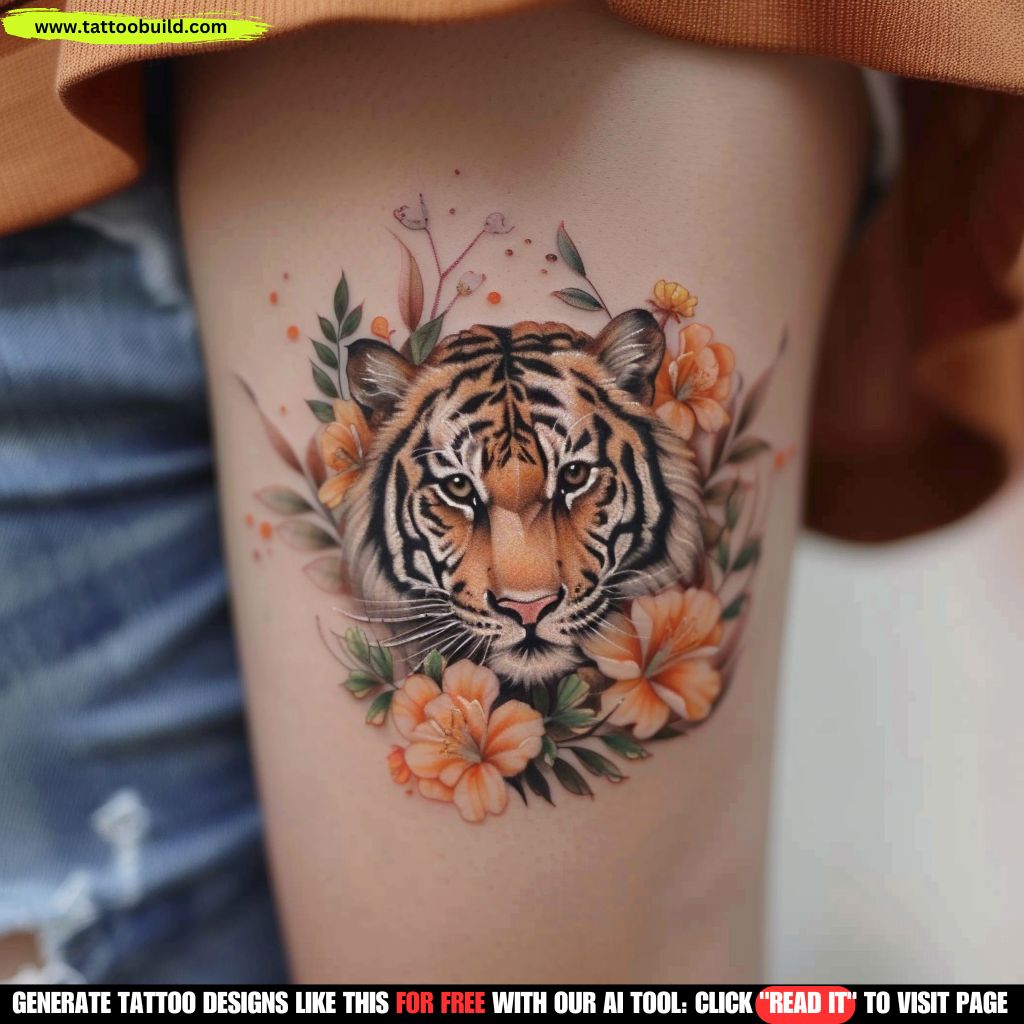 tiger floral tattoo for ladies