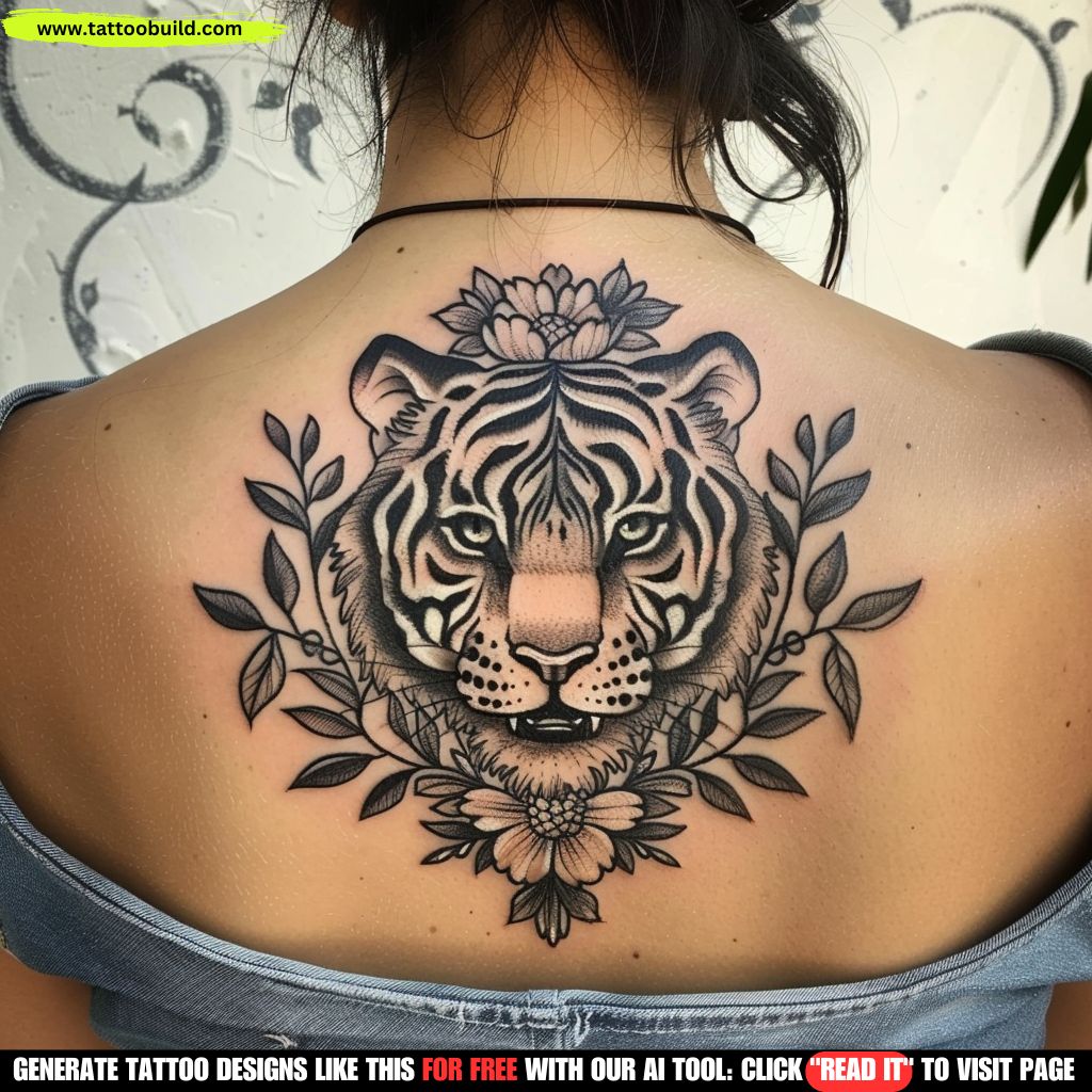 black and gray traditional tiger tattoo on the back of a women