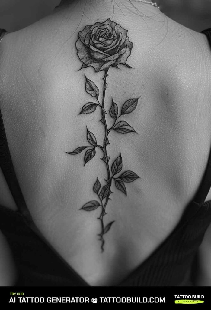 A single rose is tattooed along the spine, extending vertically from the upper back downwards. 