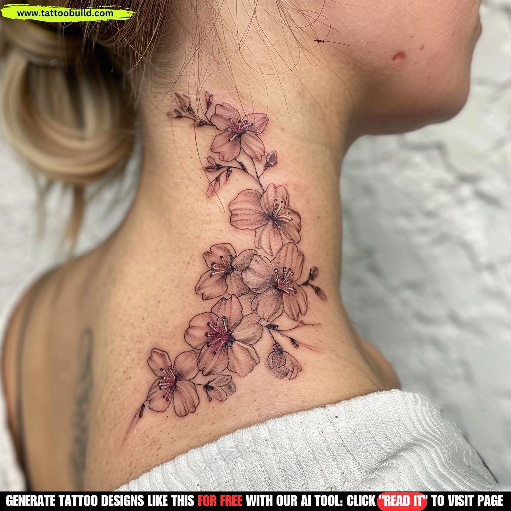 cherry blossom neck tattoo for women