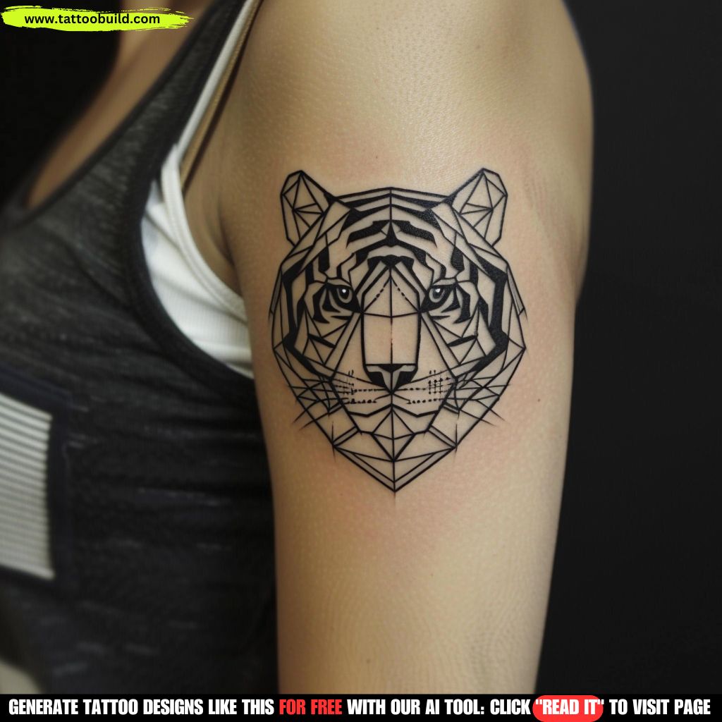geometric black and white tiger tattoo on the arm of a woman