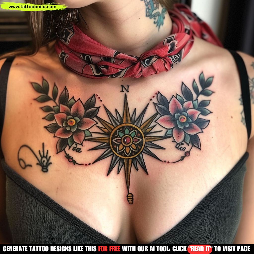 Compass neotraditional female chest tattoo