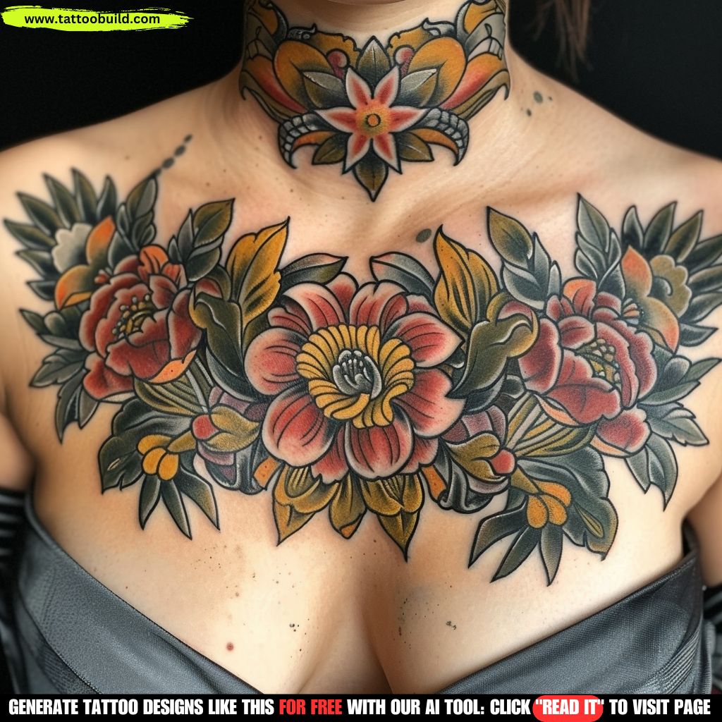 neotraditional chest tattoo for female
