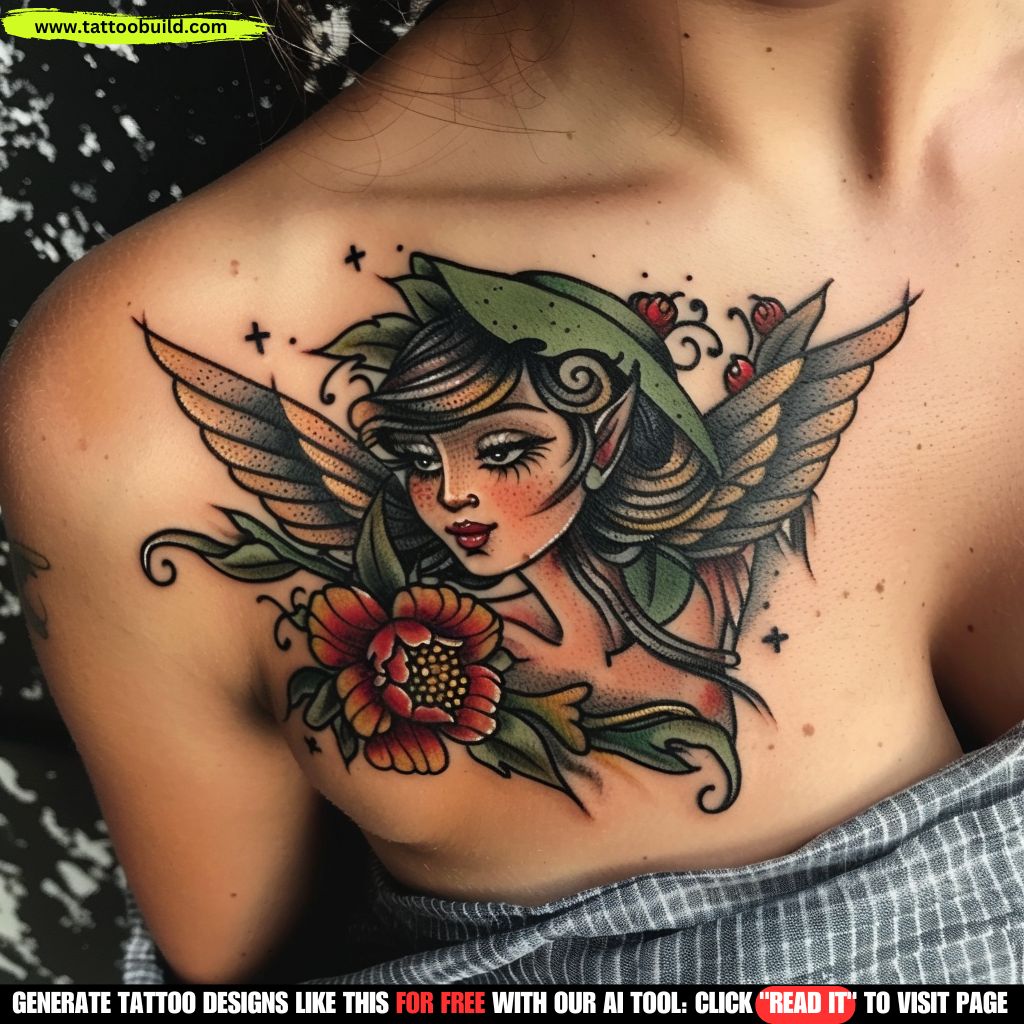 fairy neotraditional chest tattoo for female