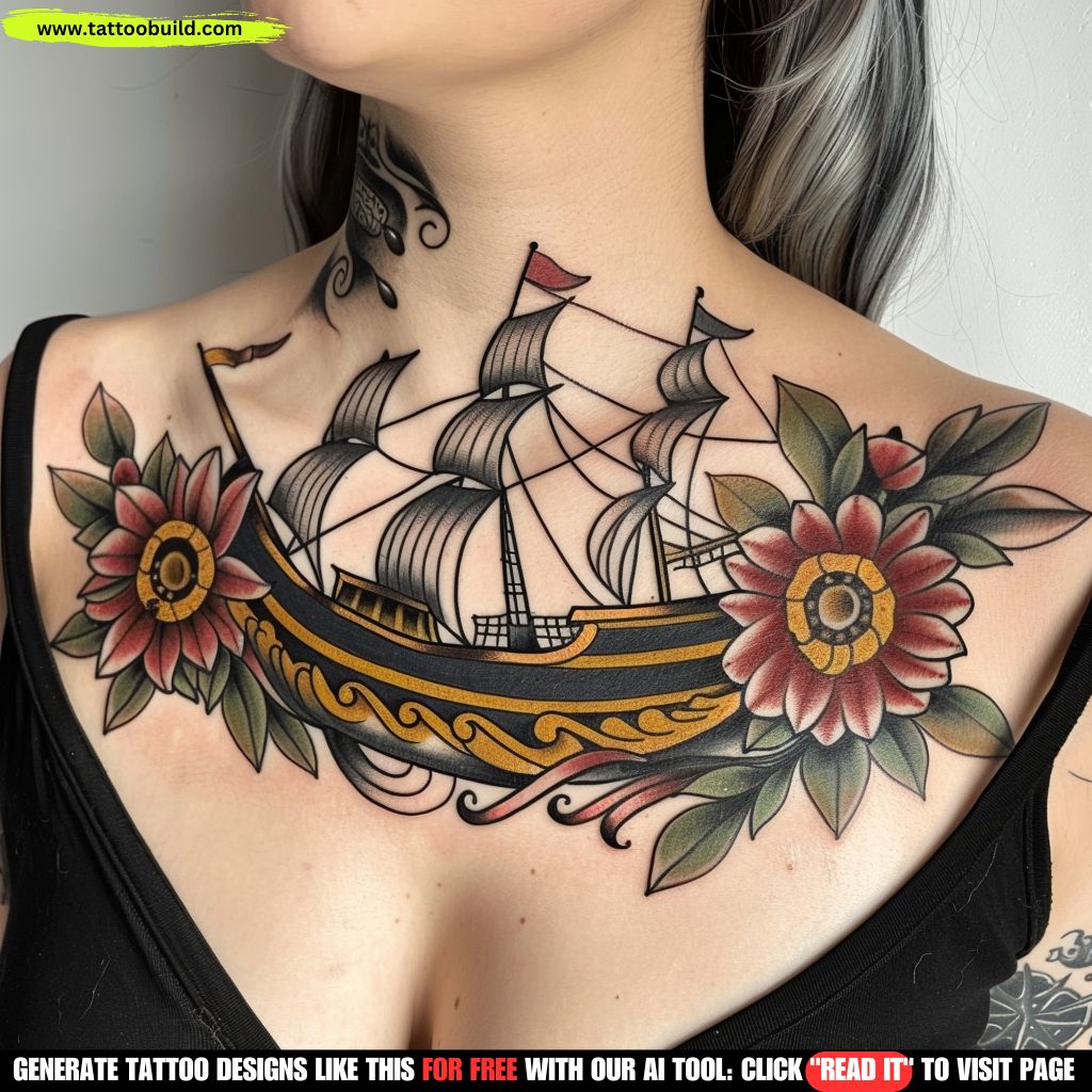 neotraditional ship theme chest tattoo for female 