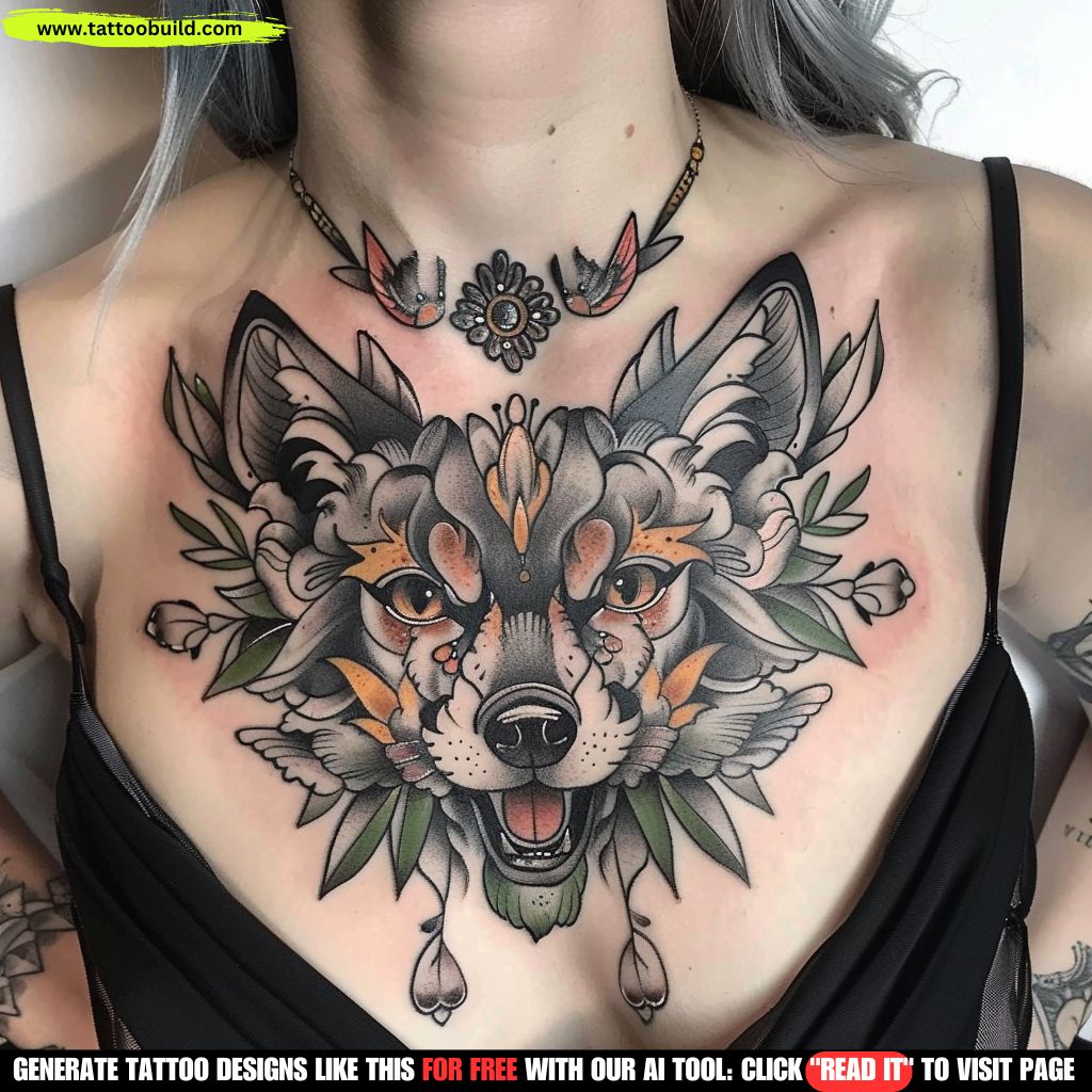 animal theme neotraditional chest tattoo for female