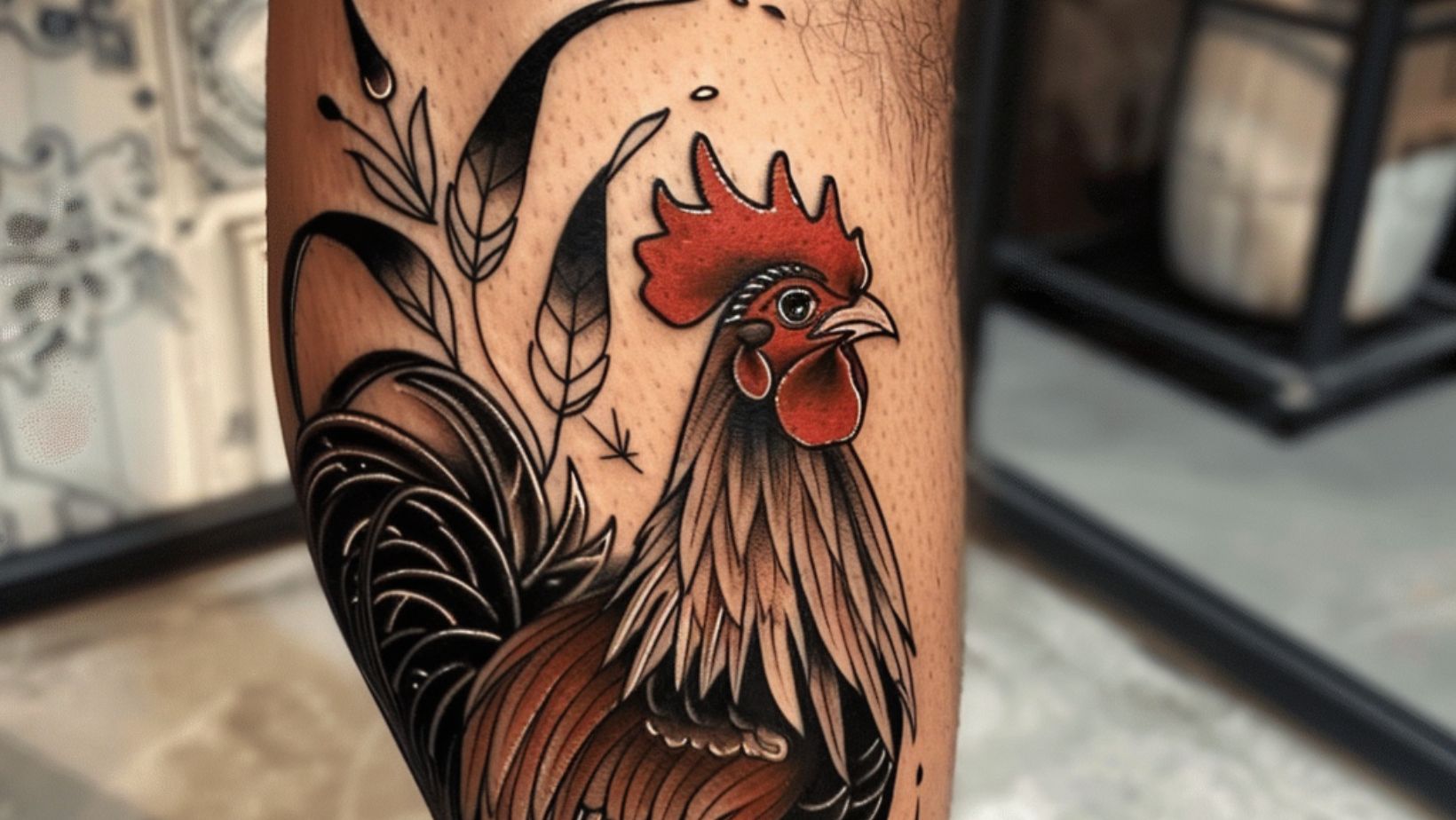 Rooster bird tattoo in bold traditional line work