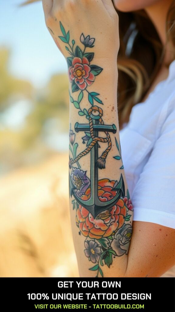 water color anchor and flower tattoo for women