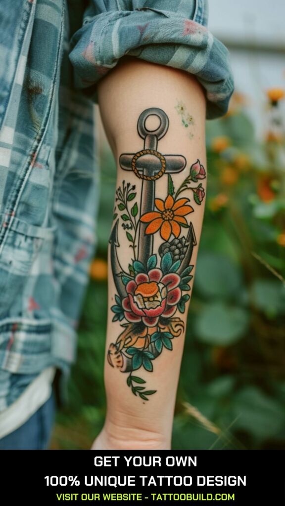 watercolor anchor and flower tattoo for ladies