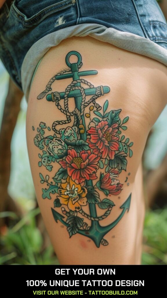 anchor and flower thigh tattoo for ladies