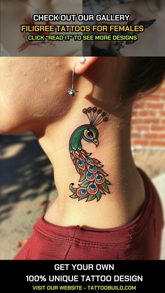 Peacock inspired bird tattoo on neck female design with layered tail feathers