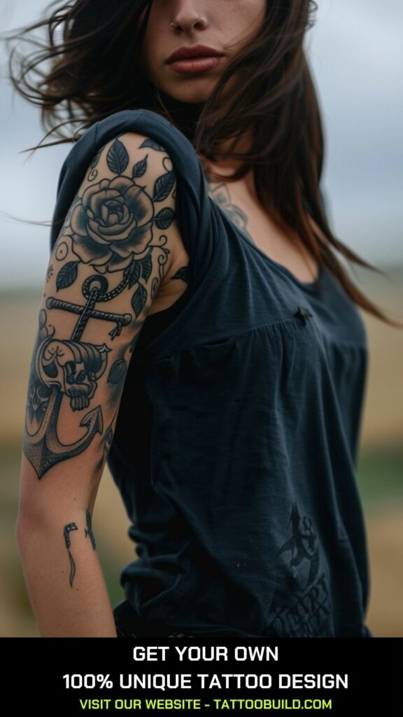 anchor and skull half sleeve tattoo for women