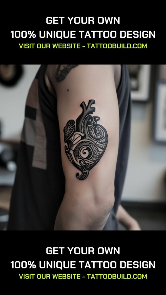 black work aztec tattoo design in form of a heart 