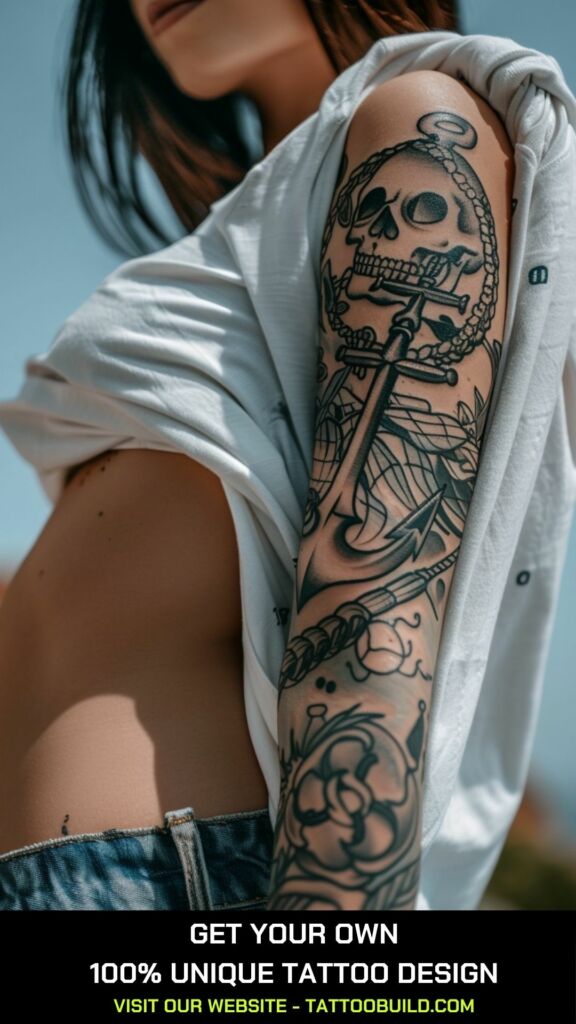 anchor and skull sleeve tattoo