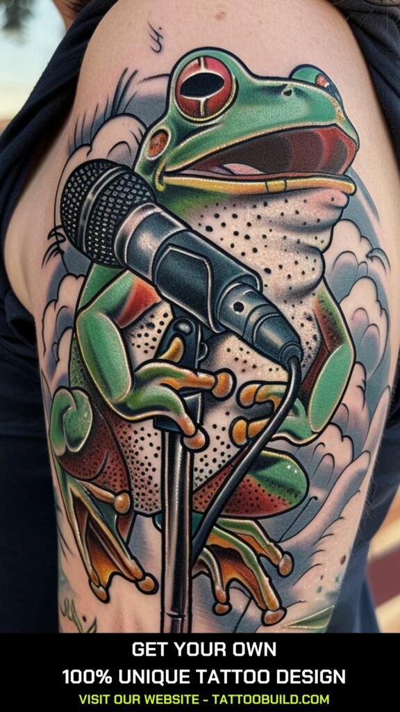 singing frog bicep tattoo for women