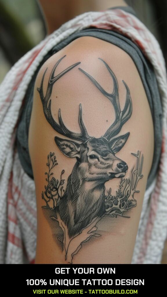 black and gray deer shoulder tattoo