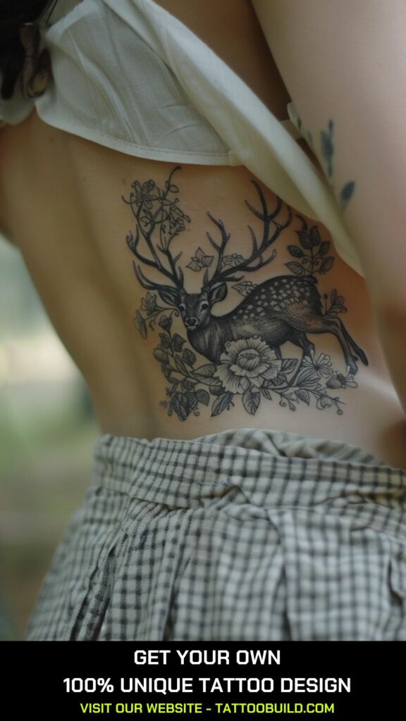 deer in the bush side body tattoo on a female