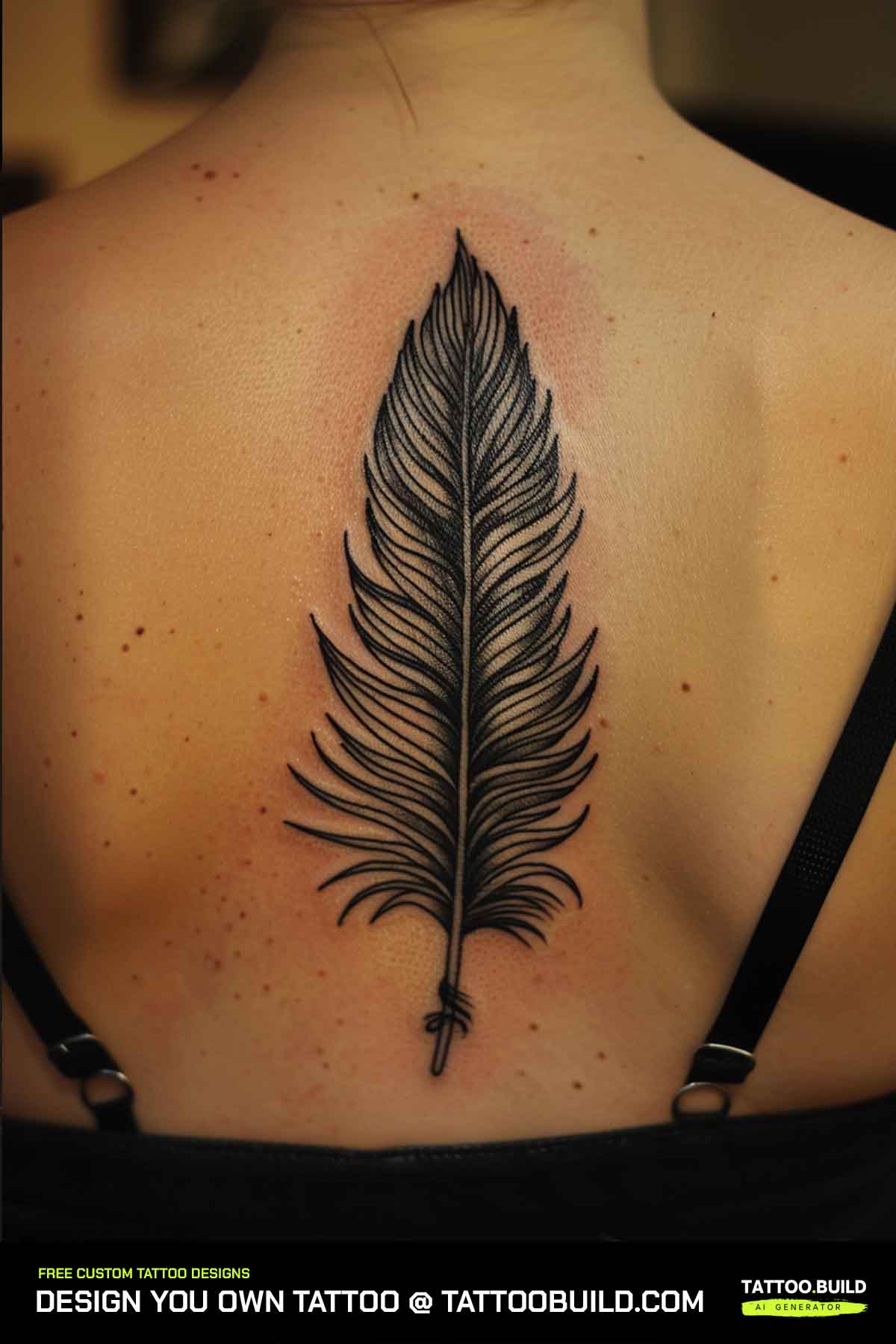 Large feather tattoo for women placed across the upper back