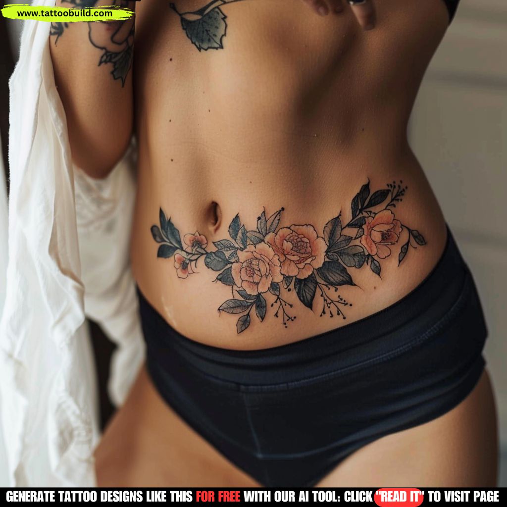 floral belly tattoo for women
