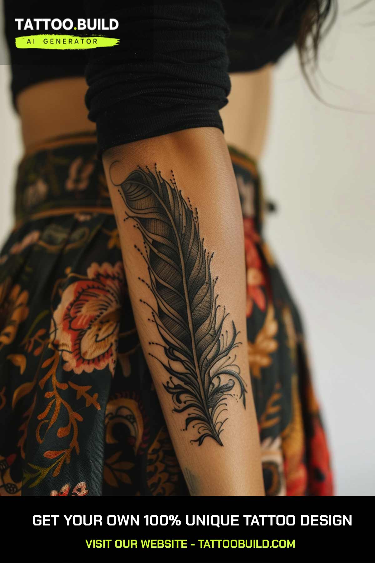 Feather forearm tattoo for women with dotwork shading and scattered specks