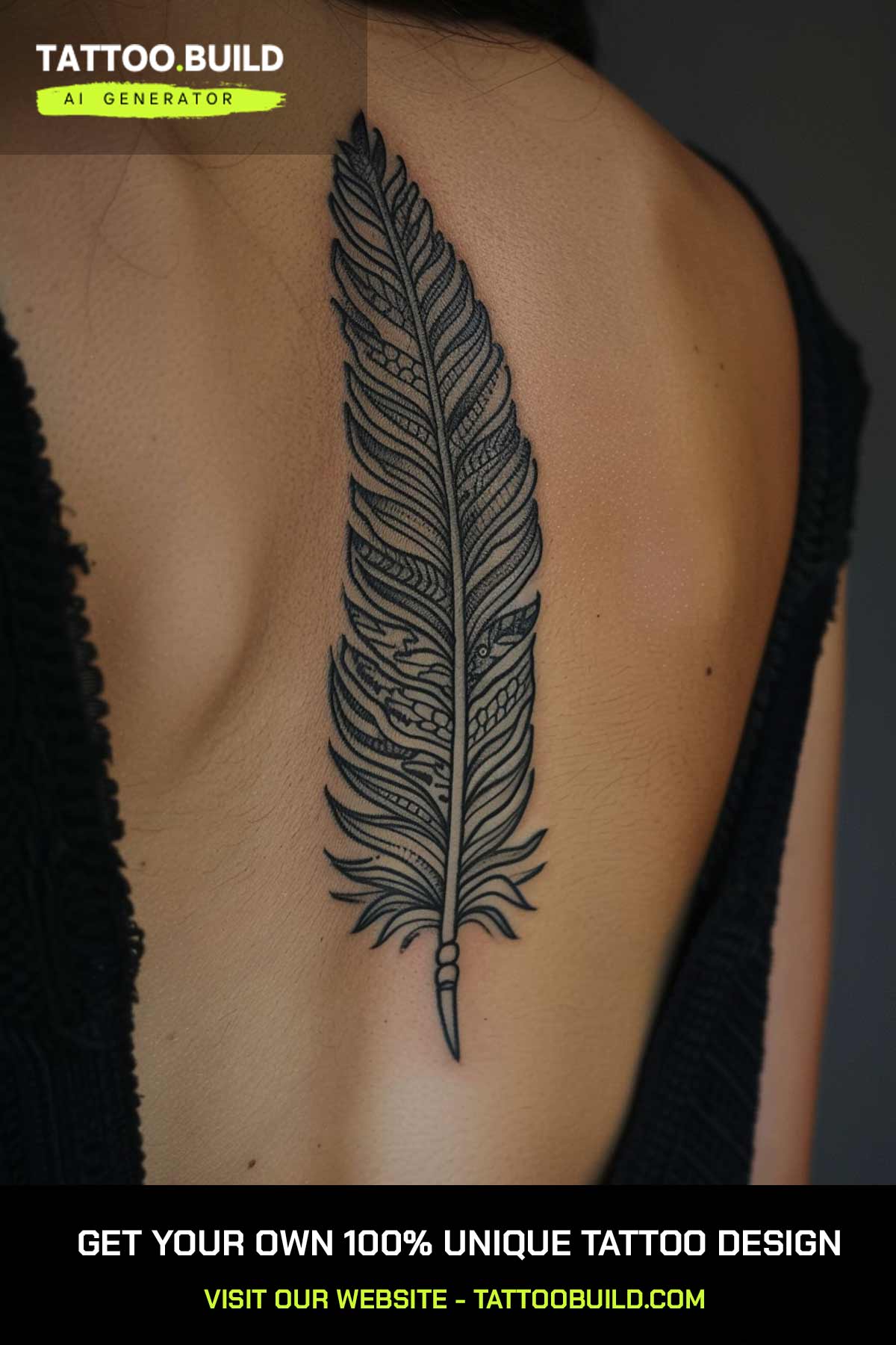 Feather spine tattoo for women with layered blackwork linework