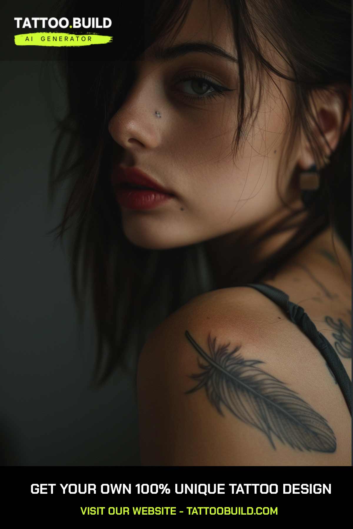 Ladies feather tattoo curving over the shoulder blade