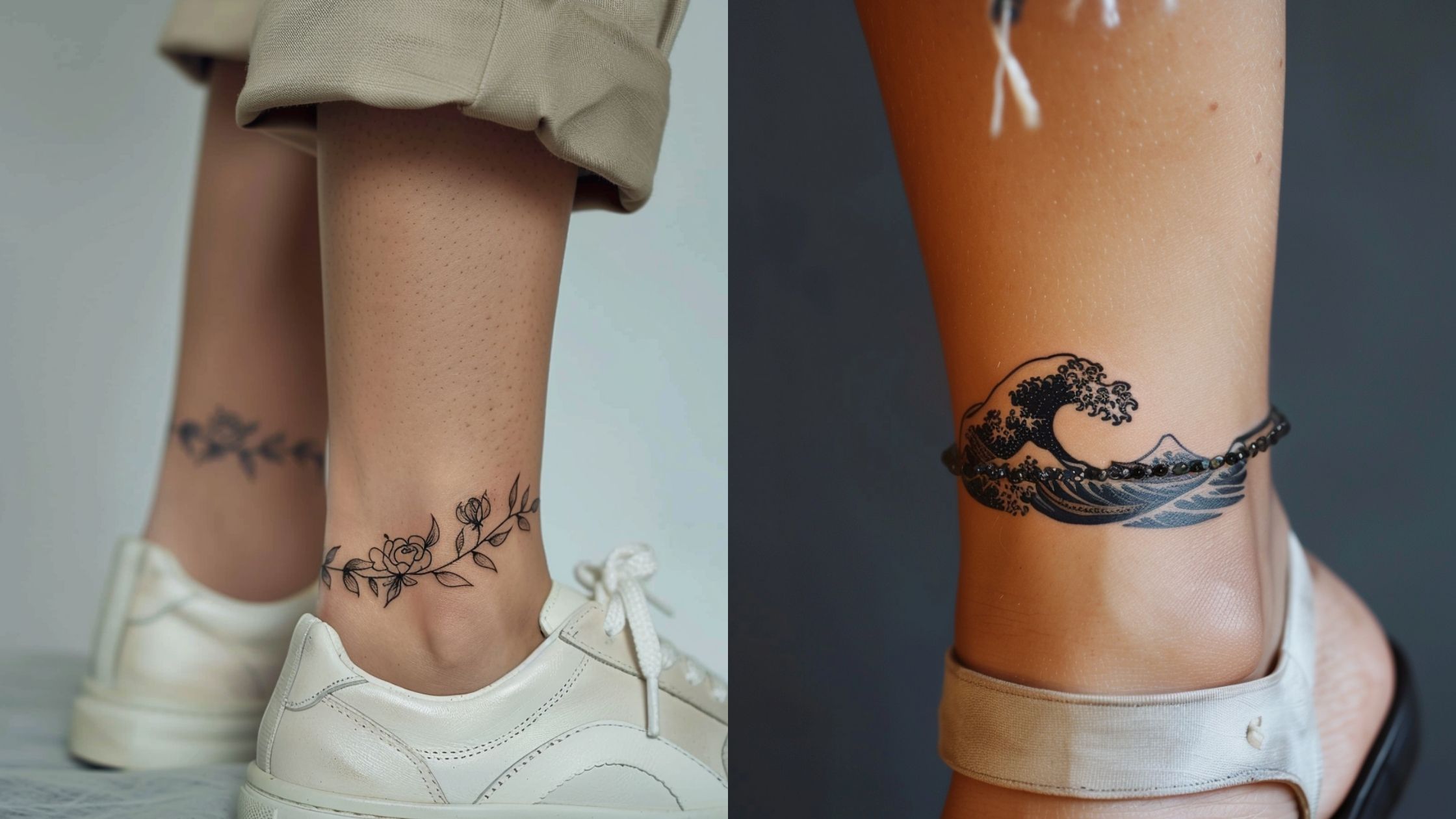Ankle bracelet tattoo ideas for ladies featuring delicate designs wrapped around the ankle