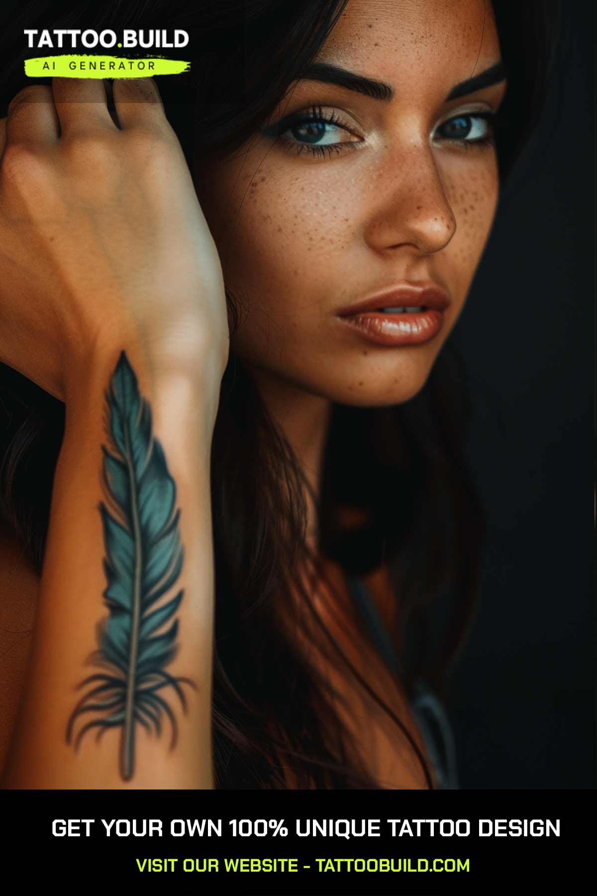 Green and blue watercolour feather tattoo design for women