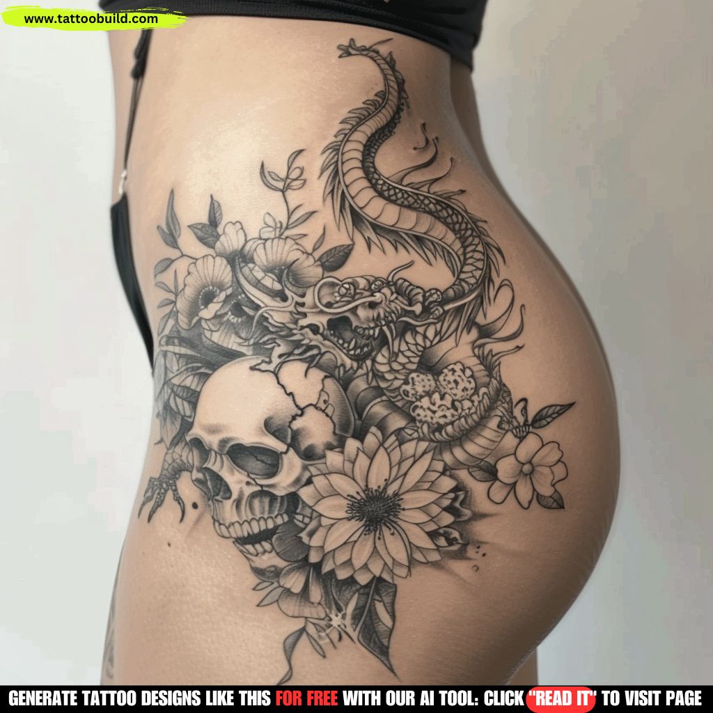 skull and dragon hip tattoo for women