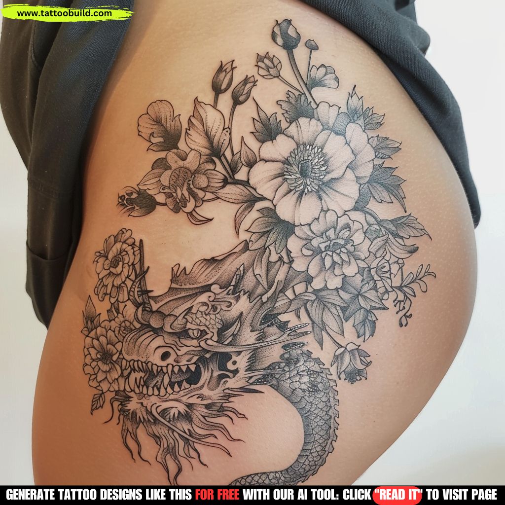 dragon and flower hips tattoo for women
