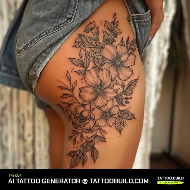 Beautiful Floral Thigh Tattoo