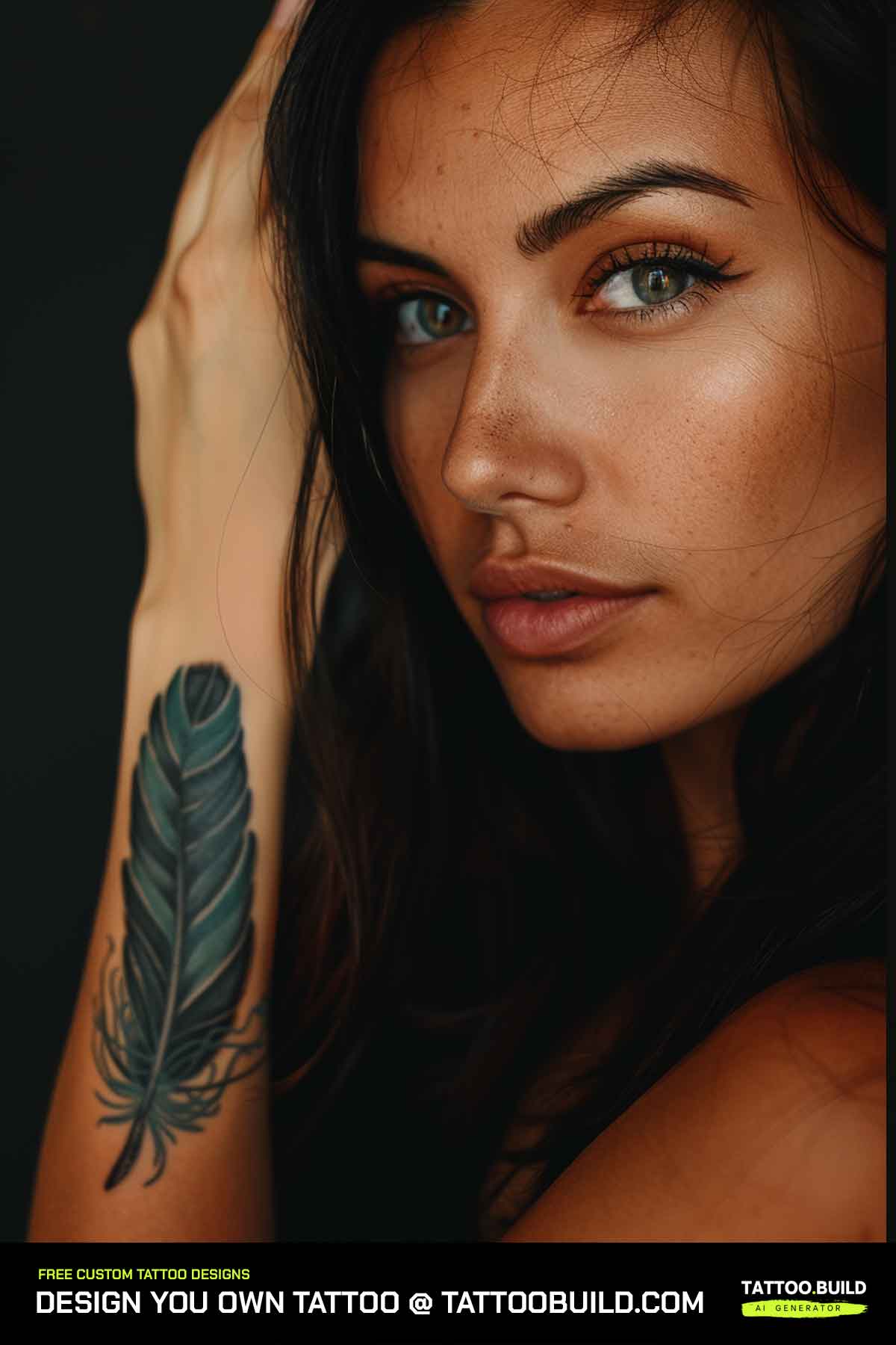 Women's feather tattoo on the inner forearm with soft barb detail