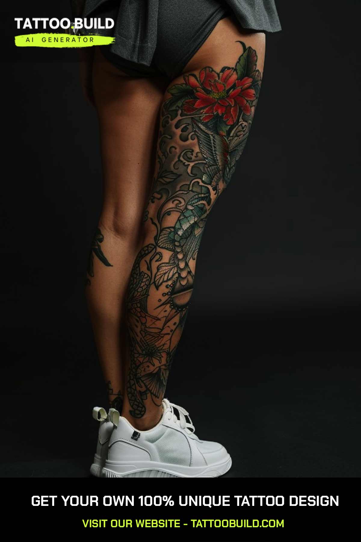 Women's floral calf tattoo with large red blooms and green vines