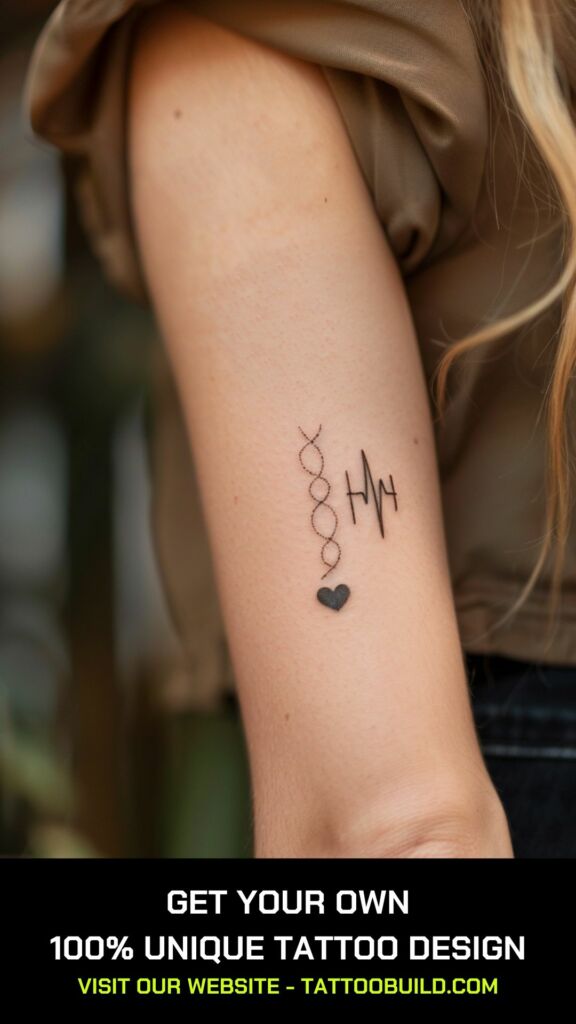 small beautiful tattoo idea for ladies: DNA strand and heart beat tattoo