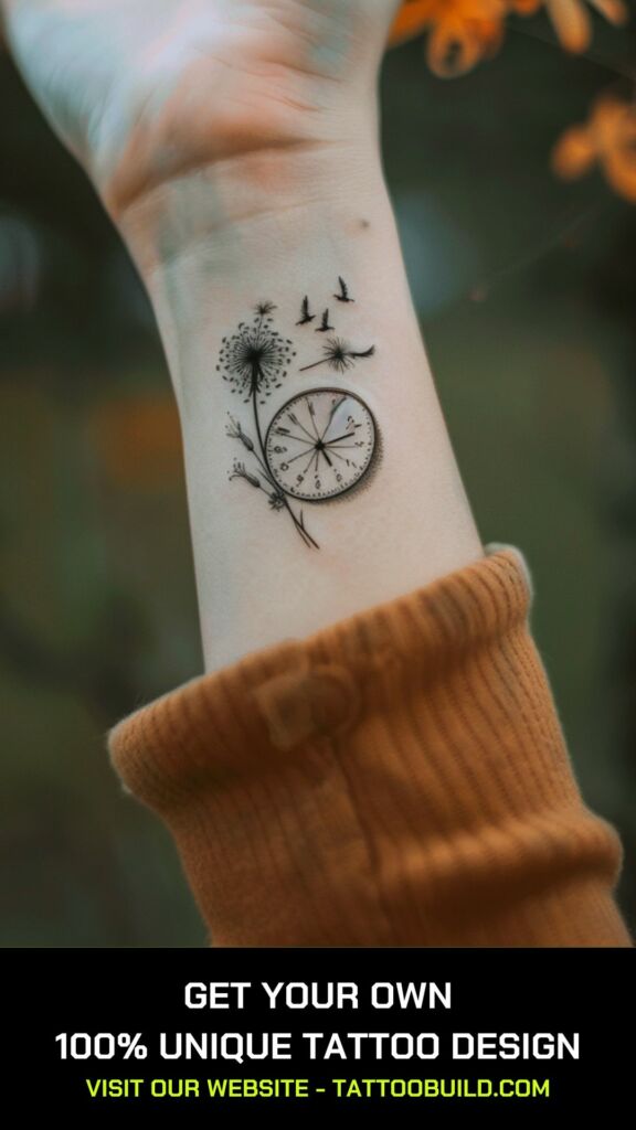 female dandelion and clock tattoo